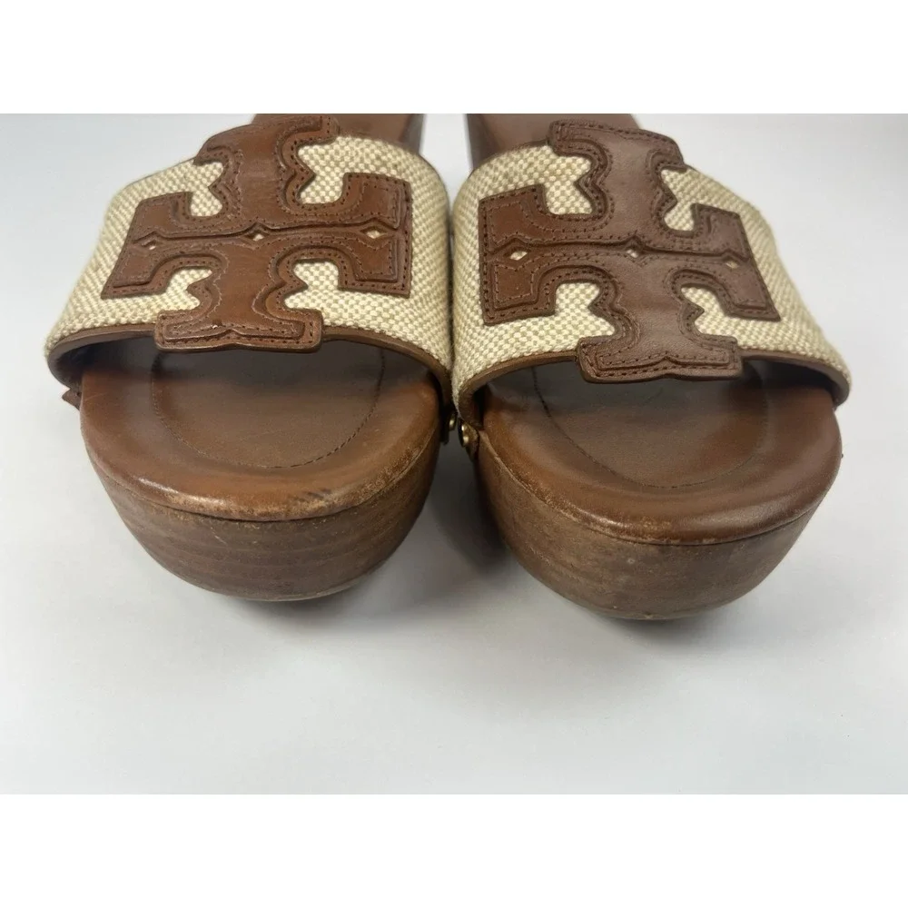 Tory Burch Terri Wood Canvas Wedge Sandals Women's Size 8.5M Brown Slip On